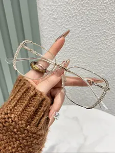 Full Frame Metal Anti-blue Light Eyeglasses, Stylish Eyeglass, Fashionable Glittering Diamond Decor Eyeglasses for Women & Men, Fashion Eyeglasses for Daily Wear