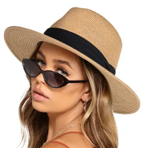 Womens Mens Wide Brim Straw Panama Hat  Summer Beach Sun Hats UPF Straw Hat for Women