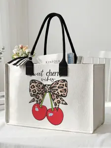 1 piece of cherry and leopard print bow + Sweet Cherry Vibes 2D printed large capacity storage bag, extra large storage bag, sturdy handle, space-saving multi-purpose, suitable for use at school, on business trips, and shopping