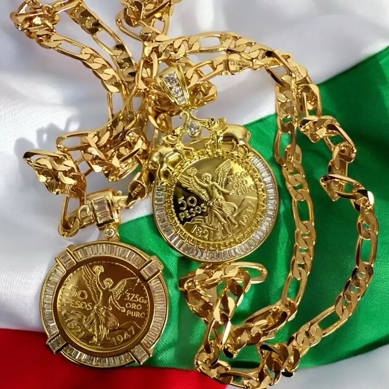 Centenario Style 50 Peso Coin Necklace Gold Plated 18k 8mm Figaro Chain 24 Inch Length with Cubic Zirconia for Elegant Look