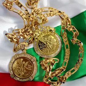Centenario Style 50 Peso Coin Necklace Gold Plated 18k 8mm Figaro Chain 24 Inch Length with Cubic Zirconia for Elegant Look
