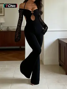 Women's Backless Jumpsuit, Solid Color Elegant Slim Fit Long Sleeve Jumpsuit for Spring & Fall, Fashion Elegant Feminine Women's Clothing for Daily Wear, Womenswear