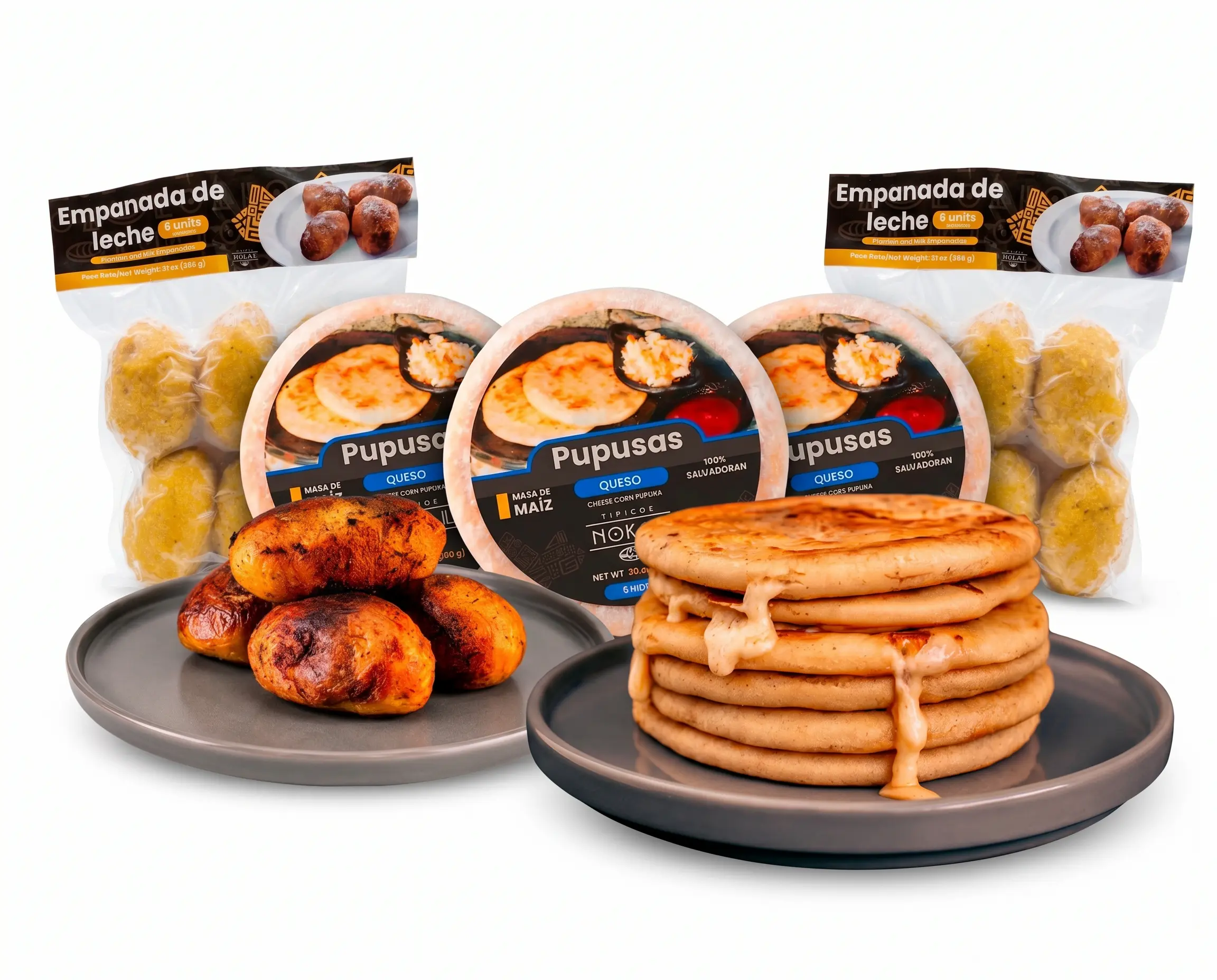 Typical Nokal  Bean and Cheese Pupusas, Authentic Salvadoran Pupusas, Vegetarian Breakfast Foods, 15 Count, 75 Ounce And Plantain Whith Milk Empanadas, 12 Count, 42 Ounce Family Pack
