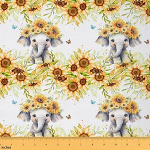 Cute Elephant Fabric by The Yard,Cartoon Animal Waterproof Fabric,Sunflower Upholstery Fabric,Farm Flower Floral Print DIY Reupholstery Fabric