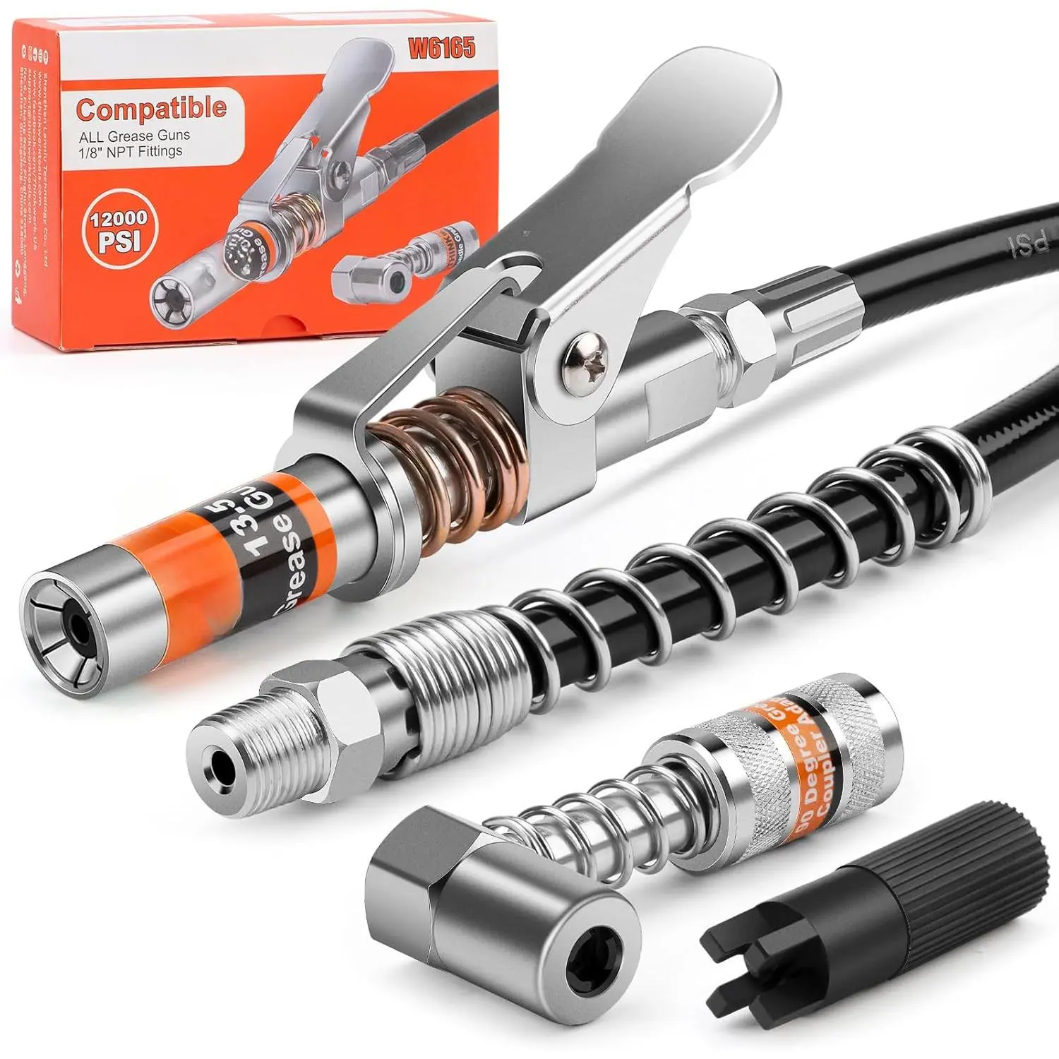 WrenchWizard Grease Gun Coupler Set, Strong Lock on Greases Gun Couplers with 90 °   Grease Coupler Adaptor,12000 PSI Quick Release Grease Coupler Compatible with All Grease Guns 1/8" NPT Grease Gun FittingQuesear