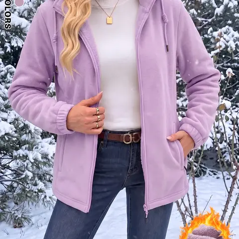 Women’s casual fleece jacket with hood, full-length zipper design, warm sherpa lining, suitable for home and outdoor use.