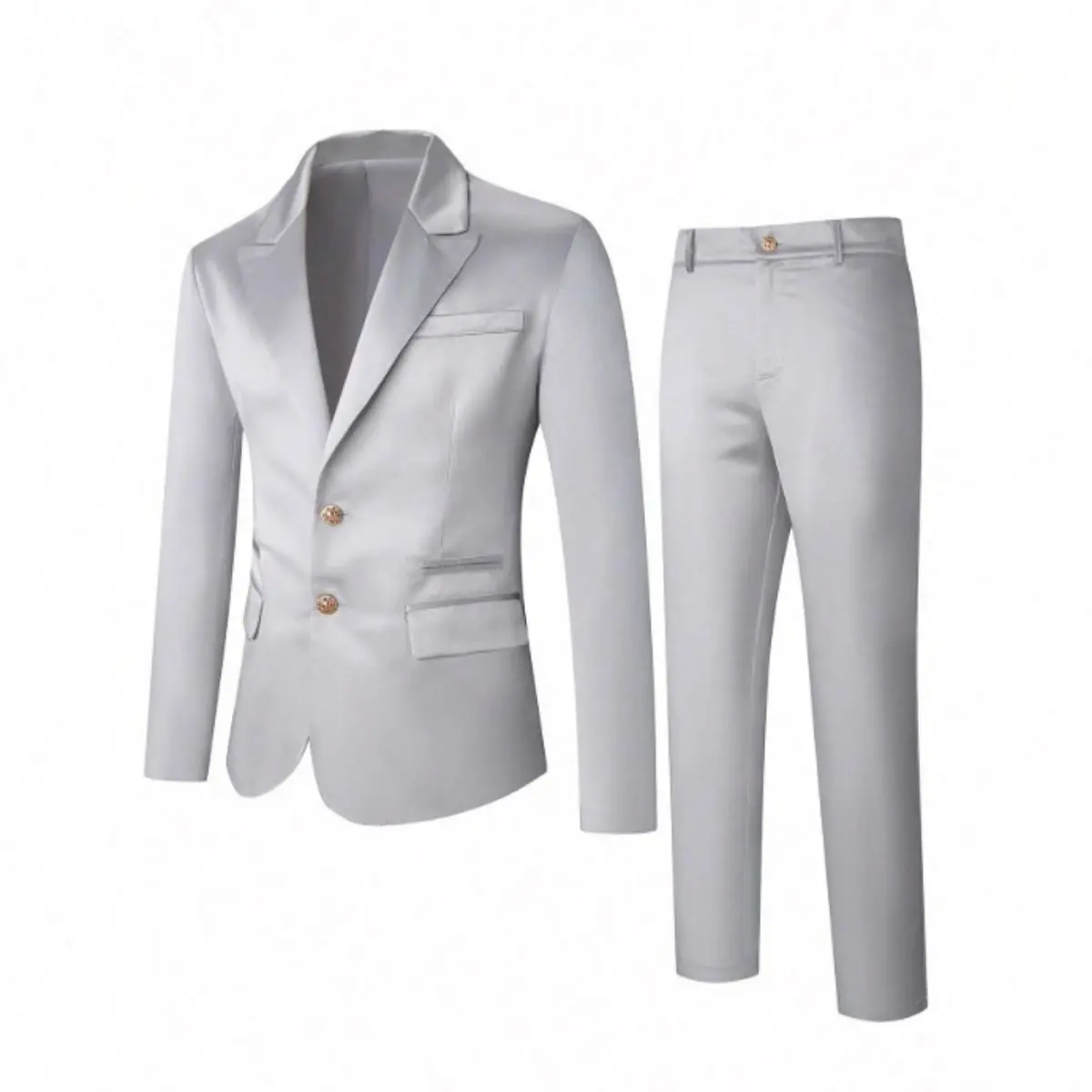 Men's 2-Piece Plain Silver Polyester Suit - Longsleeves Blazer with Decorative Collar, Pants with Pocket, Premium Fabric for Menswear Formal Wear Business Occasions