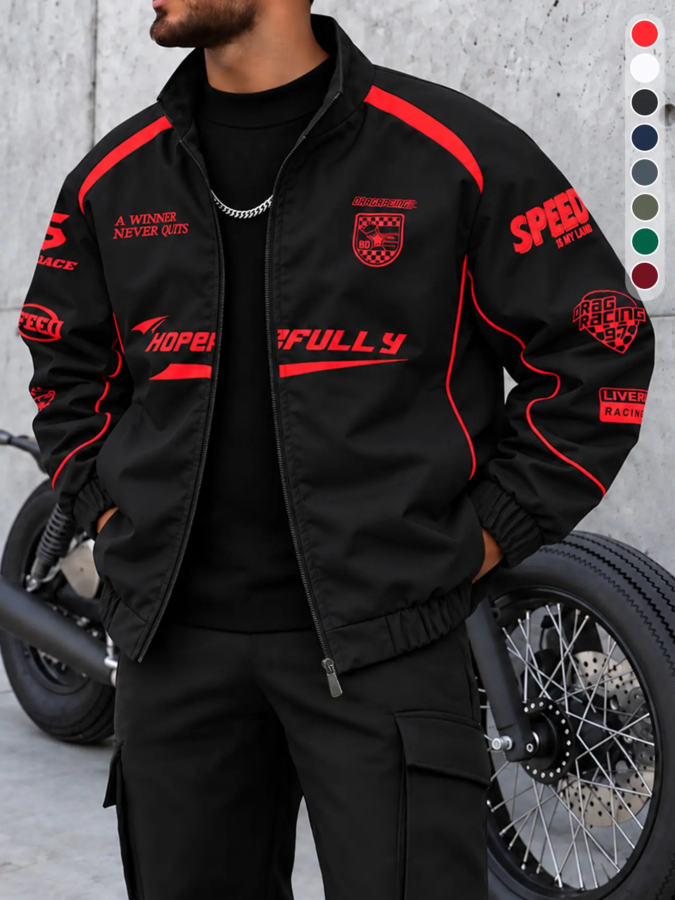 Men’s stand collar motorcycle racing jacket with red color-block letter print, loose fit zip-up outerwear for spring/autumn streetwear