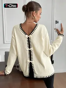 Women's Plain Bow Decor Contrast Binding Drop Shoulder Sweater, Lightweight Knit Pullover, Casual Long Sleeve Round Neck Jumper for Fall & Winter, Fashion Ladies' for Daily Wear