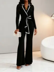 Colorblock Belted Jumpsuit Long Sleeve Flare Leg, Elegant Chic Office & Party Wear, Fitted Fall Winter Womenswear