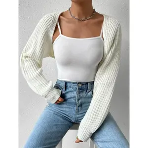 Women's Open Front Cropped Cardigan Long Sleeve Solid Color Ribbed Knit Shrug Sweater Bolero Tops Light wool jacket