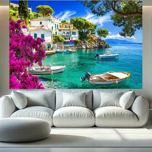 1pc Coastal Village Scene Tapestry - 100% Polyester, Durable & Lightweight Wall Hanging with Vibrant Colors, Mediterranean Style Decor for Home, Parties & Events, Easy to Install & Reusable, No Electricity Needed, Home Decor Tapestry |     Mediterranean S