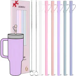 Reable Replacement 12 inch Long Silicone Straw With Cover, Stocking Stuffers Gifts for Women Men Teens Girls Boys, Compatible with Stanley Tumbler Cup Accessorie 40 oz 30 oz (6 Pack)