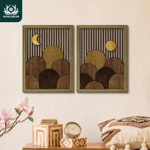 Boho Style Sun & Moon Pattern Decorative Artistic Wooden Painting Decoration, 2 Counts/set Wall Art Decor, Wall Hanging Decor for Home Farmhouse Living Room Bedroom Office Studio Restaurant, Ornaments, Set of two