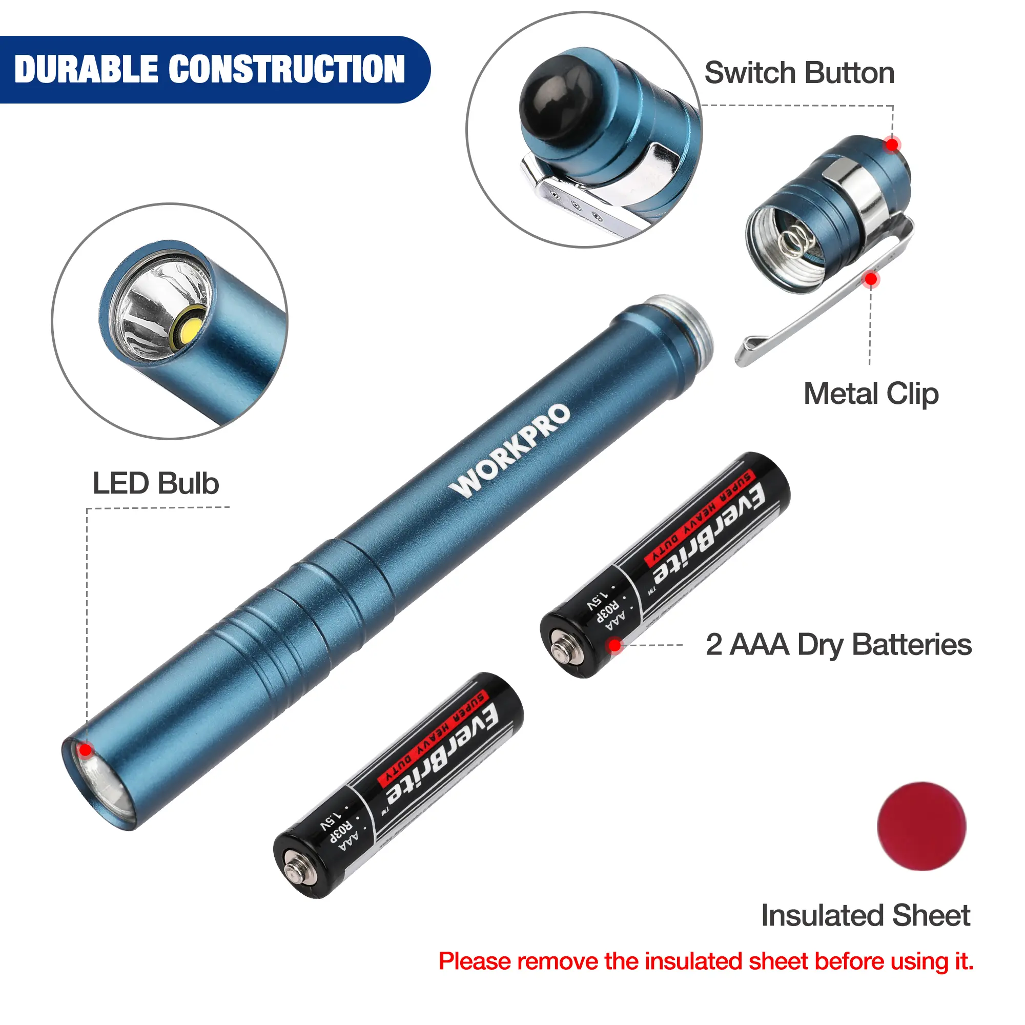 #Summervibes WORKPRO LED Pen Light, Aluminum Pen Flashlights, Pocket Flashlight with Clip for Inspection, Emergency, Everyday, 2AAA Batteries Include(4-Pack)