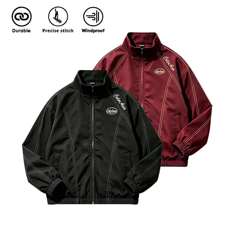 Men’s Solid-Color Windproof Sporty Jacket - Stand Collar, Zip-Up Closure, Lightweight, Loose Fit, Retro Embroidery, Streetwear Outfits, Active Jacket, Ideal for Autumn Outdoor Wear & Gifting