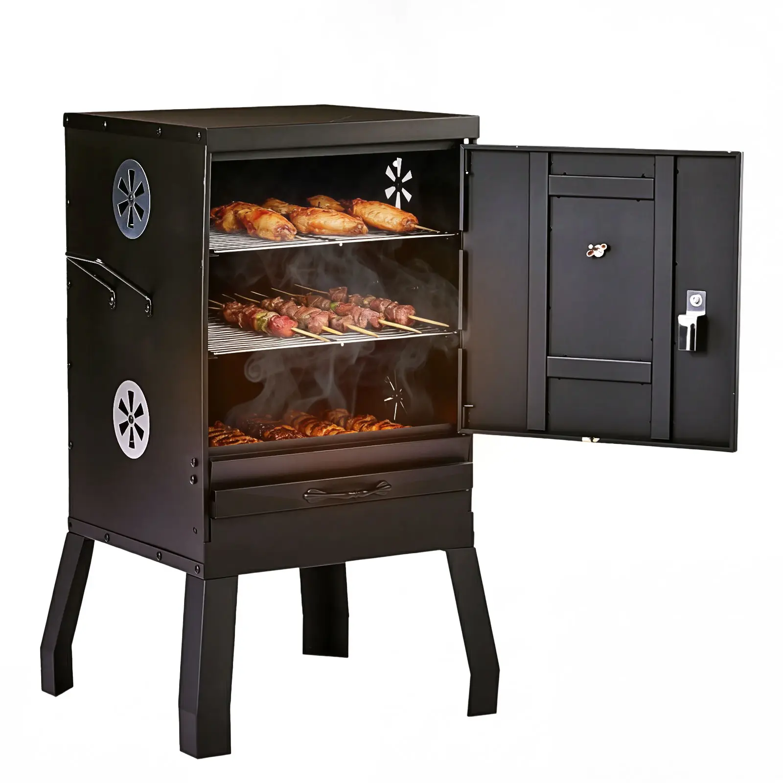 Vertical Charcoal Grill Smoker - Portable Outdoor Steel Unit with 2 Detachable Racks, Detachable Nets, Thermometer, Wood Compatibility, Classic Handles, Spacious Design for Family, Friends BBQ, Camping