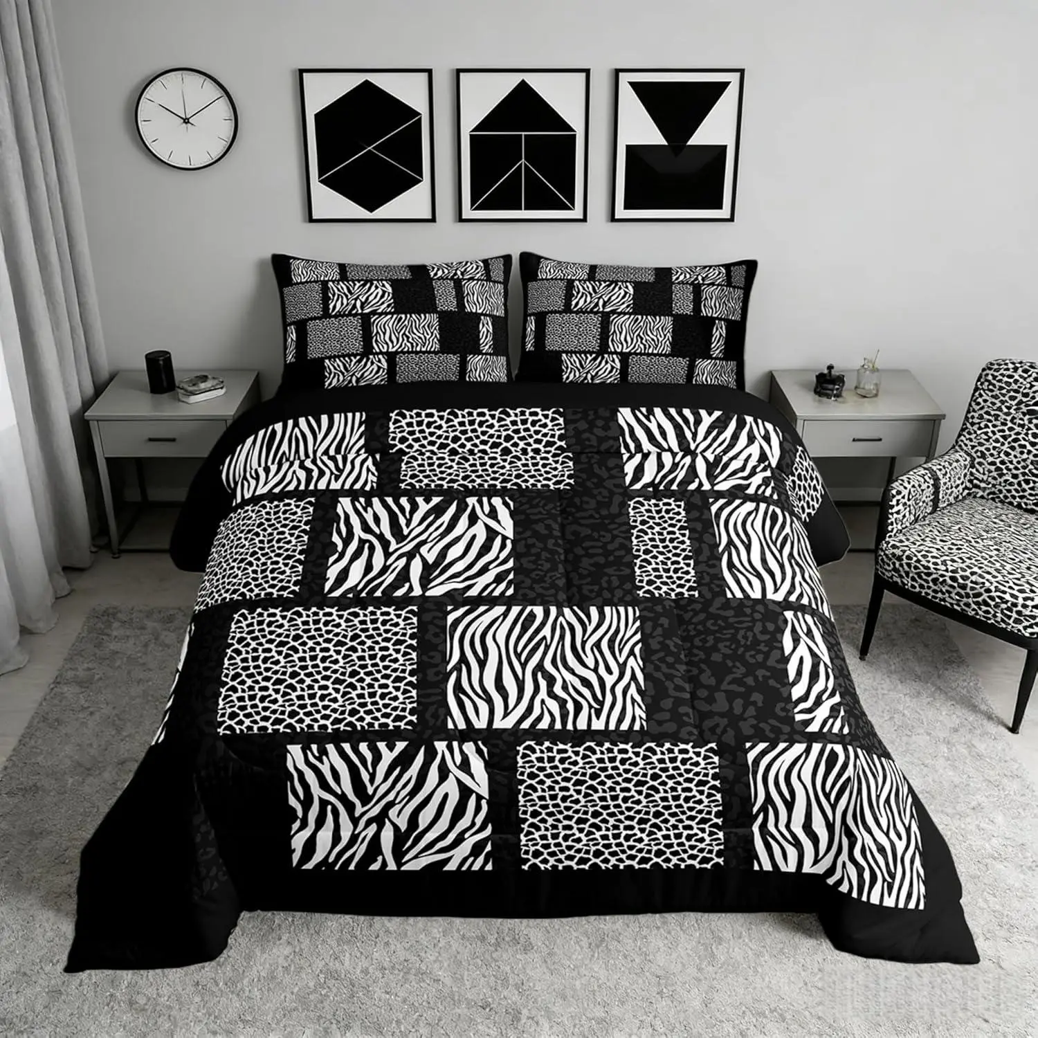 Feelyou Wildlife Animal Print Comforter Set - Breathable Microfiber Bedding Set, Leopard Cheetah Zebra Skin Quilt, Soft Luxury Multi-Size Geometric Patchwork Modern Duvet for Bedroom Use, Breathable Duvet Set