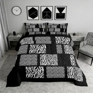 Wildlife Animal Fur Print Comforter Set,Leopard Cheetah Zebra Skin Quilt Setsoft Luxury Bed Collection Geometric Patchwork Fashion Morden Bedding