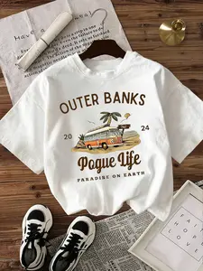 White Oversized, Round Neck Outer Banks Pogue Life Graphic T-Shirt - TV IP Casual Relaxed Top, 2026 Trending Outer Banks Streetwear, Soft Fabric Perfect for Fan Gatherings & Daily Outings, Bold Pogue Life Bus Design, Versatile Loose Fit for Easy Match