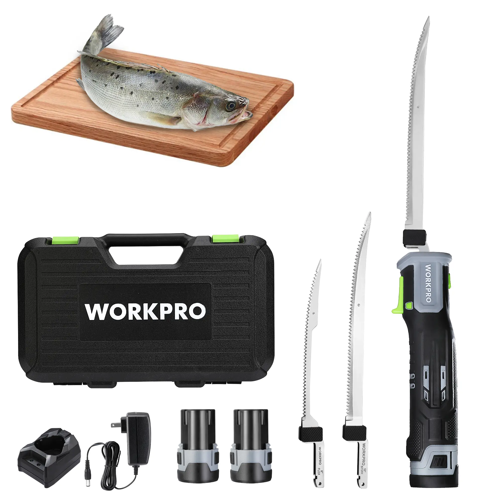 #fathersdaygift WORKPRO 12V Cordless Electric Fillet Knife with 8'' & 10'' Razor-Sharp Blades, Cordless Fillet Knife with Non-slip Grip Handle and Safety Lock, 2 Rechargeable Battery Packs, 1 Quick Battery Charger, and 1 Storage Carry Case for Fishing