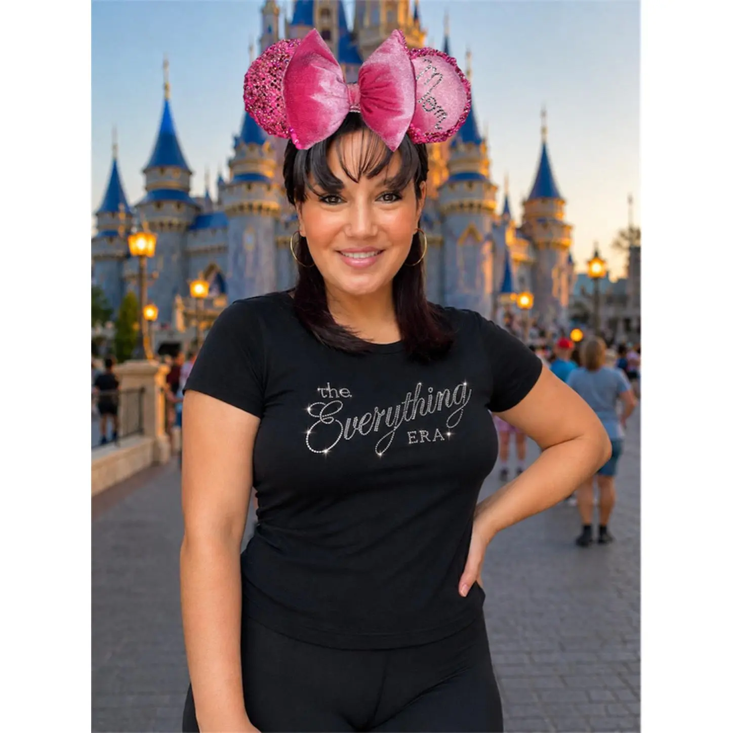 Pink Velvet Ears with Rhinestones & Pearls Mom Design Font on Right Ear Outlined with Silver Rhinestones