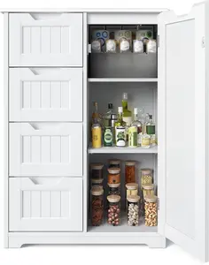 Gizoon 33" Multi-Functional Spacious Tall Cupboard, Freestanding Wooden Kitchen Pantry with Door, Shelves & 4 Drawers, Small Food Storage Cabinet for Kitchen & Dining Room, White, Multi-Functional Tall Cupboards, Spacious Tall Cupboards