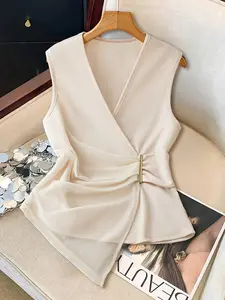 Spring Summer Women's Fashion Patchwork Design Vest, Simple Slim Fit V-Neck Waistcoat, European Style Ladies' Clothing
