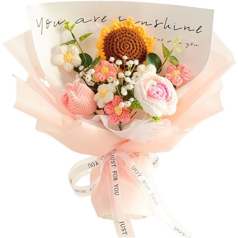 Crochet Flower Sunflower & Rose Bouquet Handmade Artificial Flower Knitted Bouquet for Festival Wedding Graduation Anniversary (Pink)