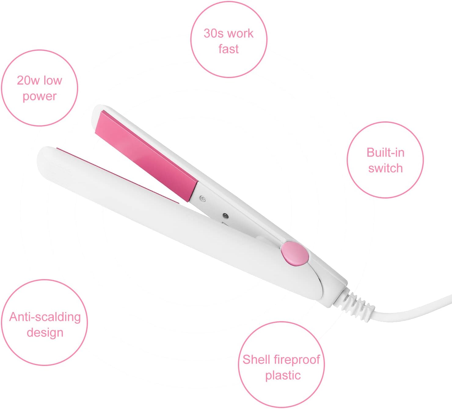 2 in 1 Mini Hair Straightener & Curler, Portable Ceramic Tourmaline Flat Iron for Short Hair & Travel, Lightweight Mini Hair Styling Tool with US Plug White