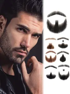 100% Human Hair Realistic Fake Mustache & Goatee - Hand Tied Invisible Lace Beard, Natural Facial Hair (Black/Brown) for Men (Seamless Fit)