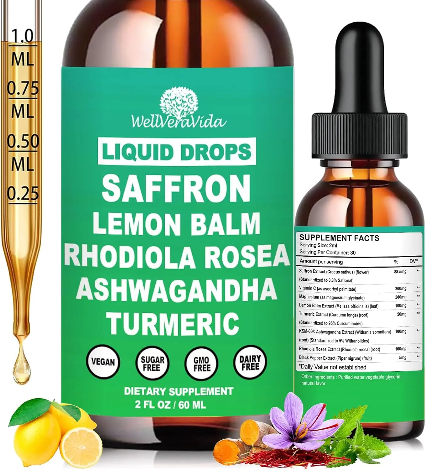 Saffron Supplements 88.5mg,Pure Saffron Extract Liquid Drops for Adult Kids