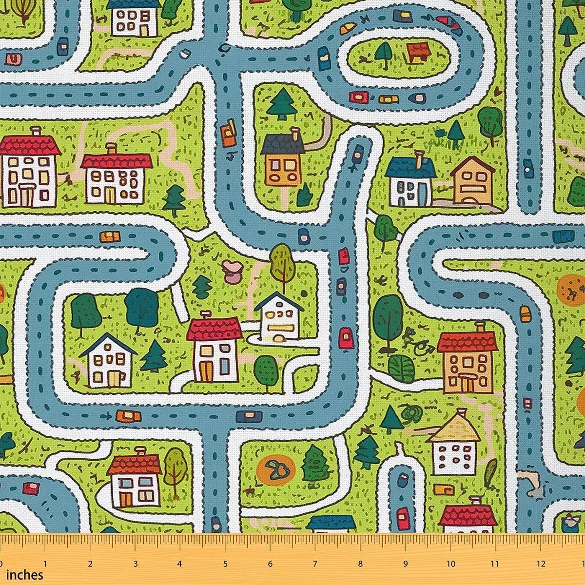 Cartoon Car Road Fabric,Cute Traffic Vehicles Upholstery Decorative Fabric Chairs Sofa,Streets Buildings Trees Indoor Outdoor Decor,,Green Blue