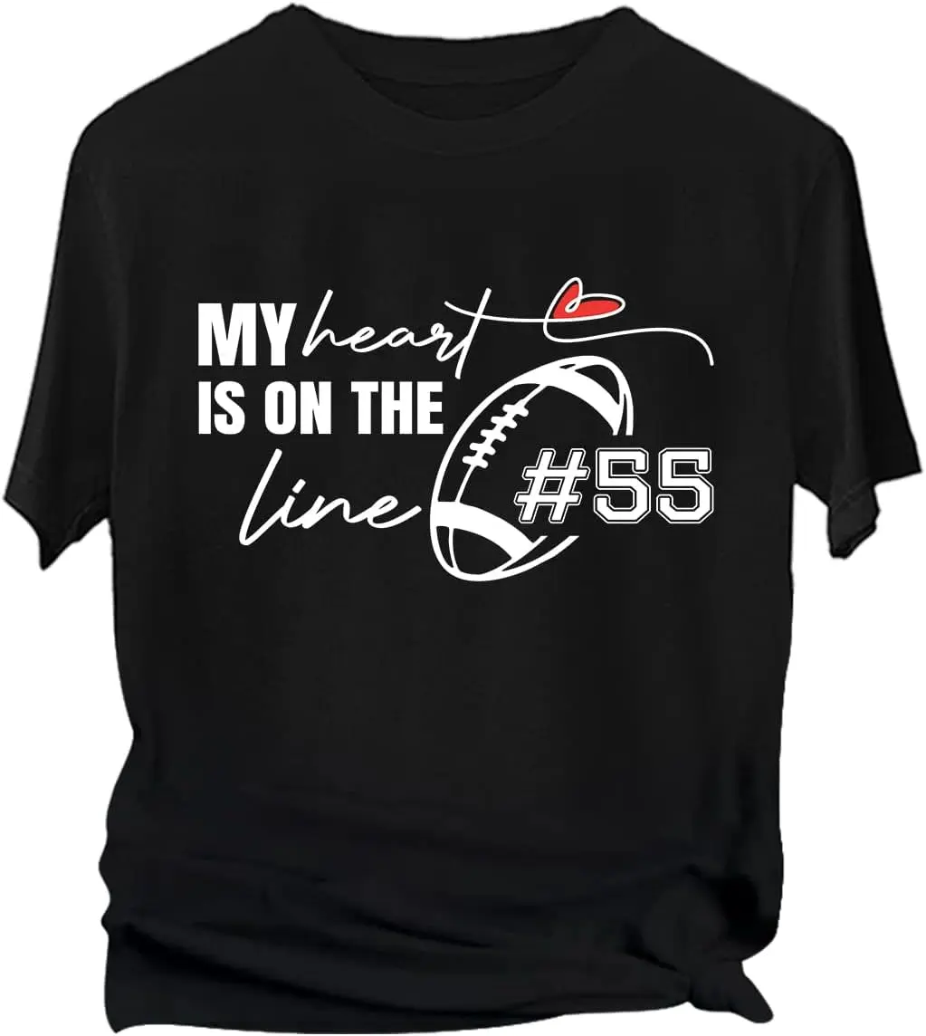 100% Cotton Football Shirts for Mom Custom Player's Number Shirt My Heart is On The Line Football Offensive Lineman Funny Shirt