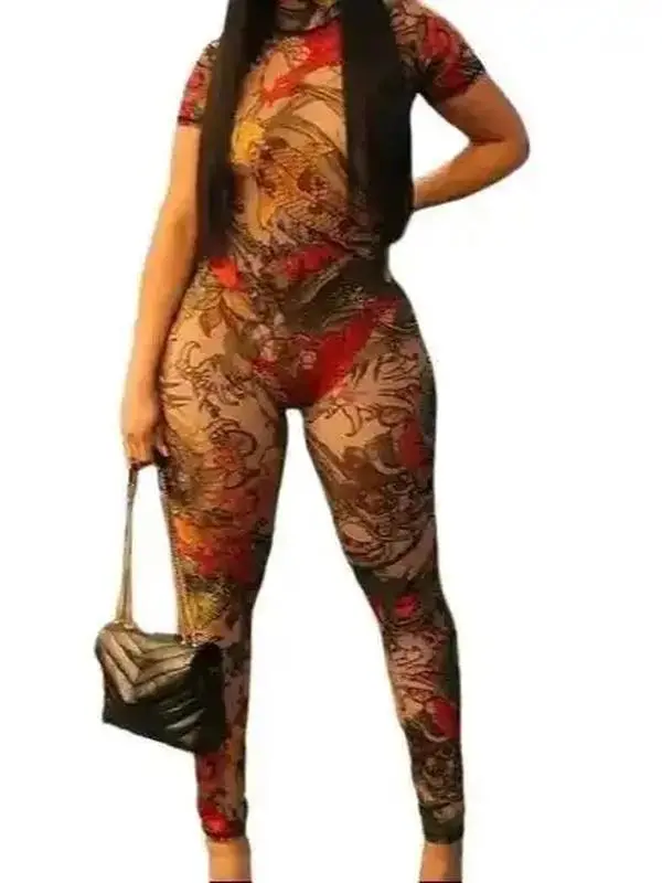 Statement See Through Mesh Print Detailed Open Back Fitted Jumpsuit Womenswear sleek trending now regular fit polished flattering stylish must have year round all day comfort elegant fashion forward