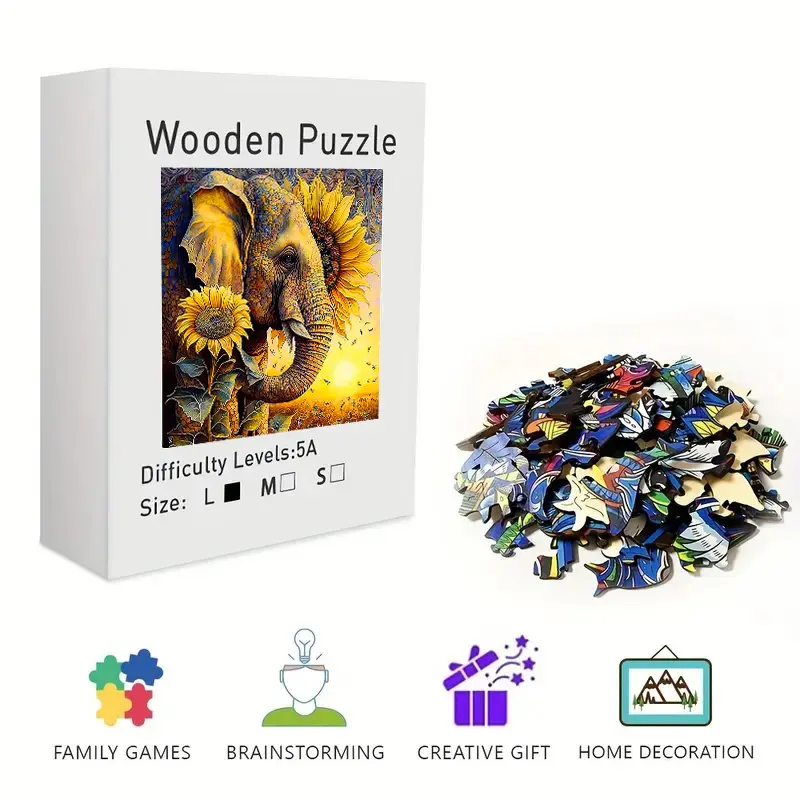 Vibrant Elephant & Sunflower Wooden Jigsaw Puzzle for Adults & Kids - Challenging Irregular Pieces, Mosaic Art Puzzle, Stress Relief Brain Teaser, Framable Wall Art & Home Decor