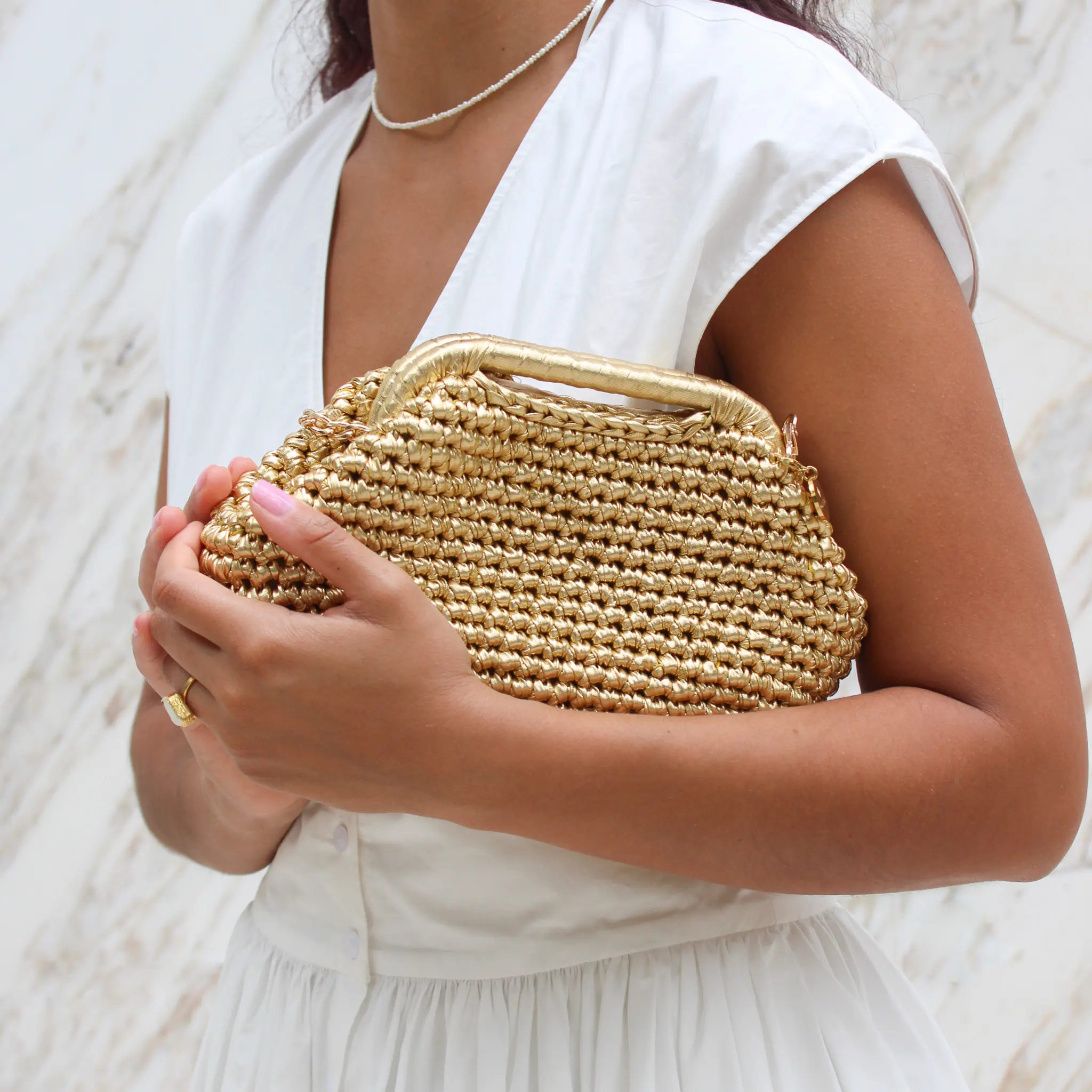Metallic Clutches - Metallic Clutch Crochet Bag with detachable chain and built in handle