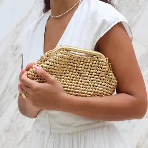 Gold Metallic Clutch - Metallic Clutch Crochet Bag with detachable chain and built in handle