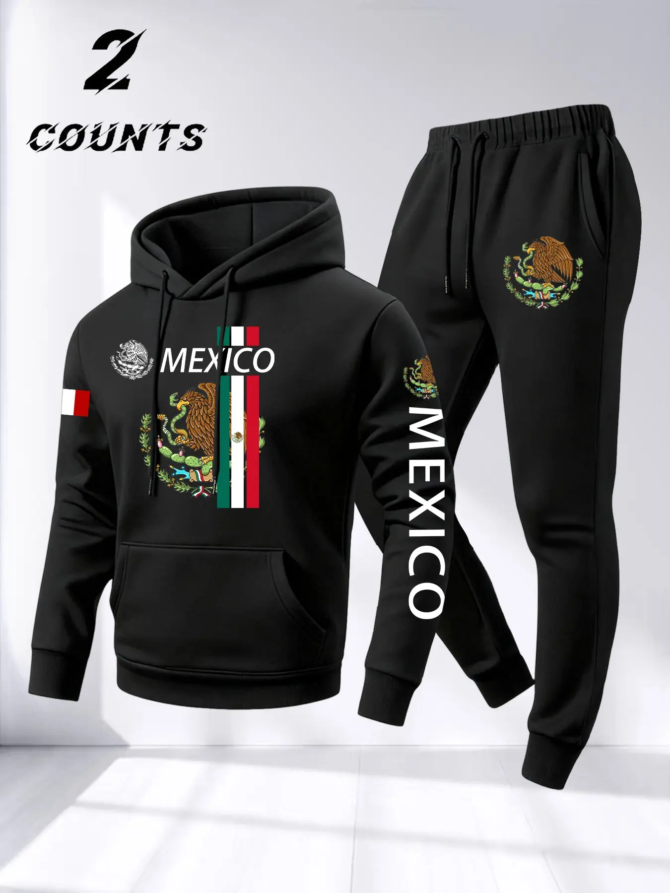 Men's Sweatshirt and Pants Set, Mexican Theme Letter Flag Design, Casual Sports Wear, Comfortable Daily Wear, Suitable for Fitness and Outdoor Activities, Letter Print Sweatsuit, Casual Sporty Set, Casual Sportswear Set