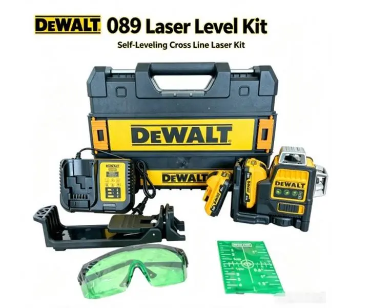 DEWALT DW089 Professional Cross-Line Laser Level , 4-Degree Automatic Levelling, High-Visibility Laser Beam, Shock-Proof Rubber Housing, for Indoor Renovation & Site Marking, with Full Installation Accessories kit project hard storage case set