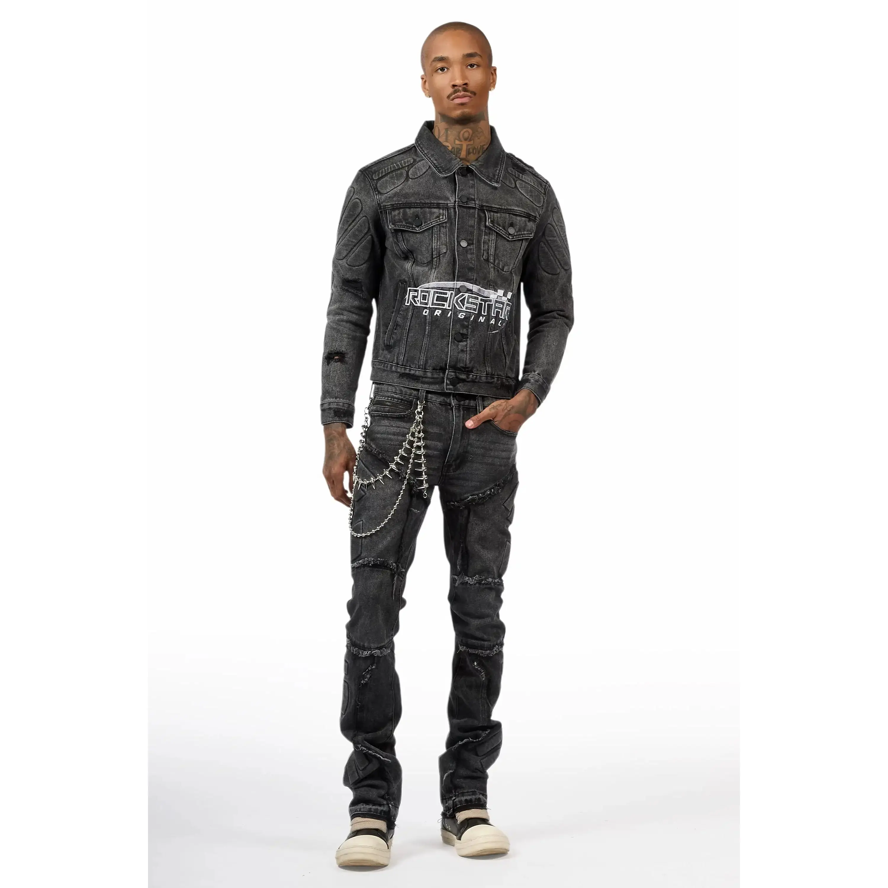 Throttle Grey Denim Jacket/Stacked Flare Jean Set