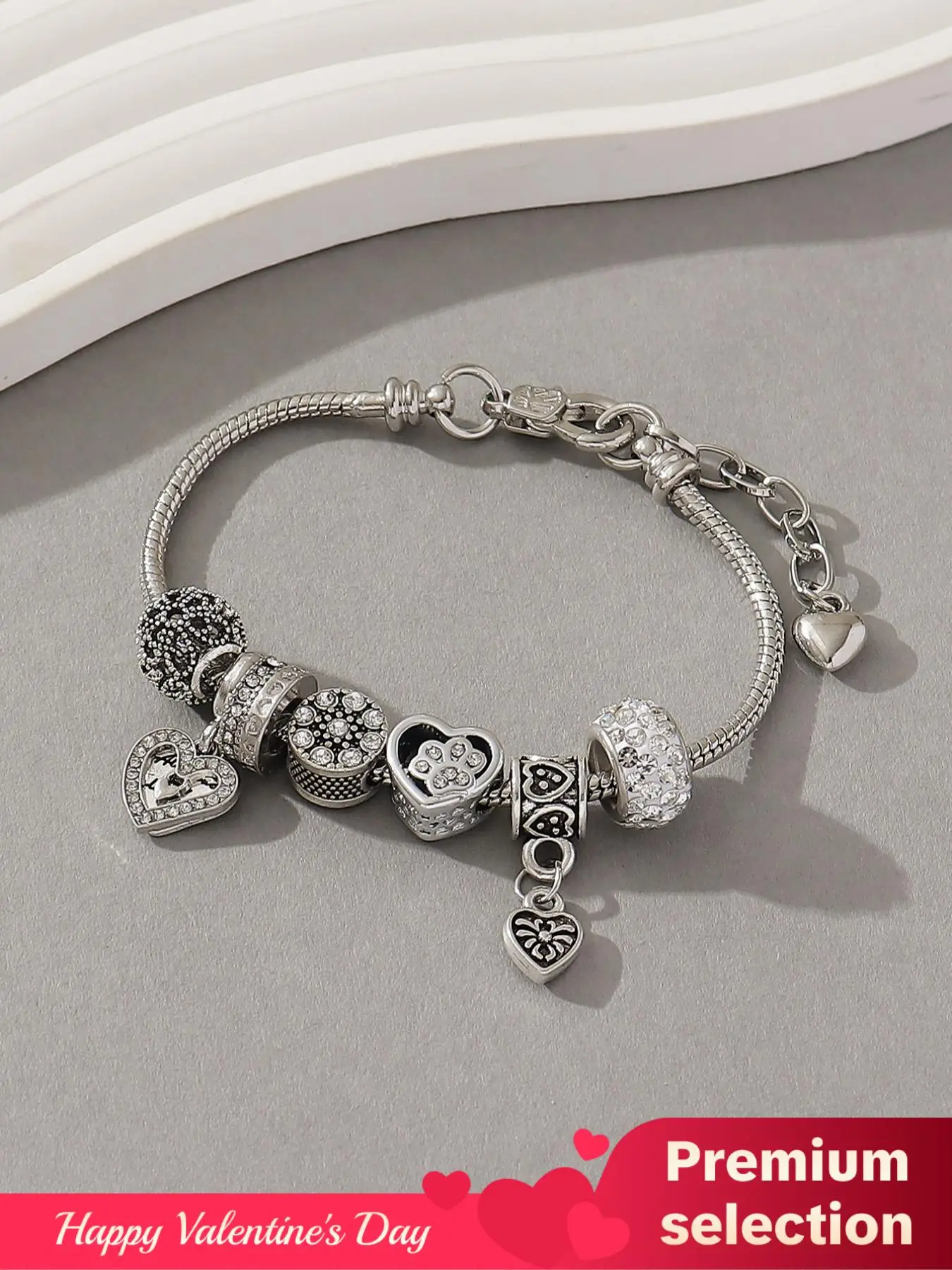 Stylish Hollow out Design Beaded Bracelet for Girlfriend, Elegant Rhinestone Inlaid Heart Charm Matching Bracelet, Fashion Accessories for Women & Gir