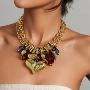 Gold Plated Chunky Multi Layer Chain Necklace for Women, Oversized 3D Heart Pendant with Geometric Inspired Charms, Bold Statement Jewelry, Luxury Designer Style, High Fashion Runway Necklace, Eye Catching Daily & Party Accessory