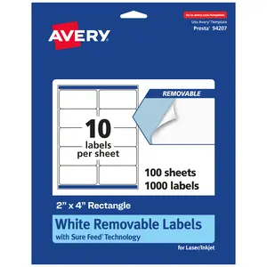 Avery Matte White Removable Rectangle Labels with Sure Feed Technology, 2" x 4"