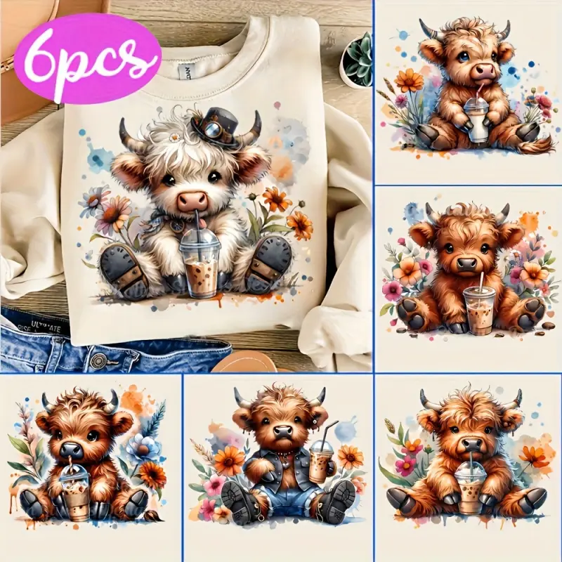6Pcs Cute Highlander Cow Iron on Transfer Stickers with Flower Crown and Iced Coffee Design Durable Vinyl Heat Transfer for Tshirts Hats Bags DIY Crafts Colorful Cow Pattern Applique Diy Material DIY Craft Decor Craft Supplies DIY Products