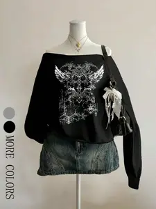 Women's Light Vintage Punk Y2K Style, Loose Fit Off-Shoulder Long Sleeve Sweater, Cross & Floral Prints, Fall Winter Wear Tops