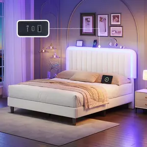 【 LED 】 Bed Frame with USB Charging Station App Controlled Adjustable Headboard Lighting Modern Upholstered Platform No Noise No Box Spring Bedroom Furniture Gift