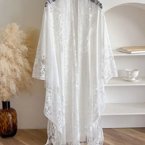 Women's Floral Lace Open-Front Cape Shawl, Casual Hollow-Out Sheer Wrap with Tassel Trim for Daily Wear