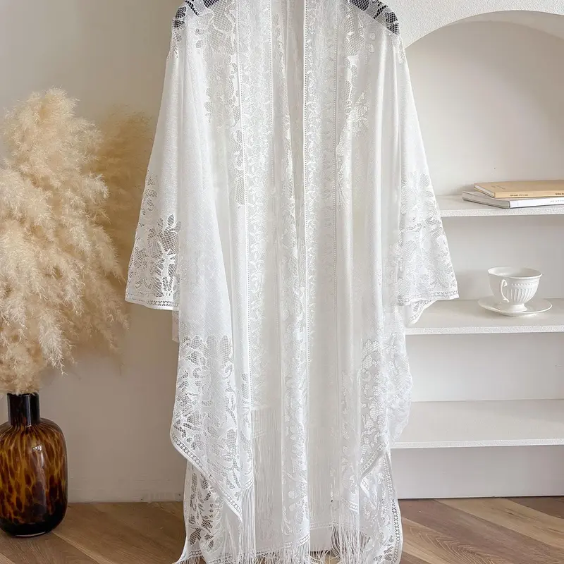 Women's Floral Lace Open-Front Cape Shawl, Casual Hollow-Out Sheer Wrap with Tassel Trim for Daily Wear