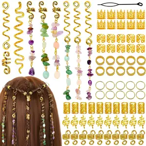 80 Pcs Natural Crystal Stone Dreadlock Accessories, Hair Jewelry for Braids Hair Spirals Gems Charms Adjust Gold Loc Jewelry for Hair Cuffs for Adult Women Braids Hairstyle Decoration